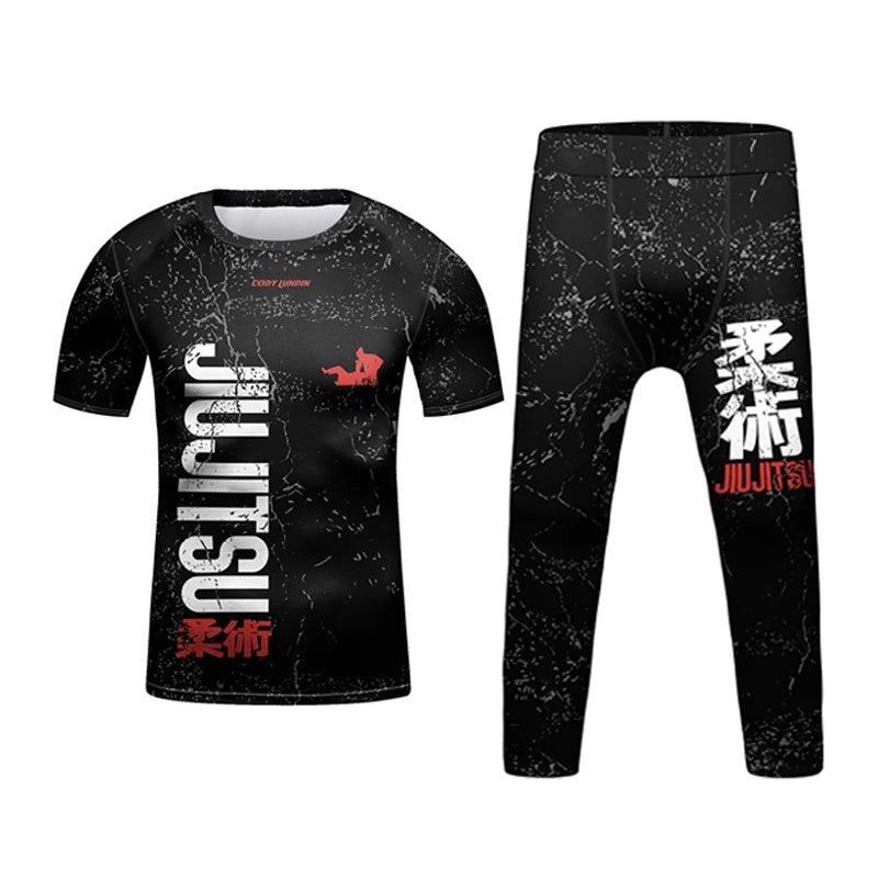 Nova criança jiu jitsu mma rashguard camiseta + calça + shorts 3d bjj gi kickboxing camisas apertadas meninos crianças muay thai boxe roupas esportivas