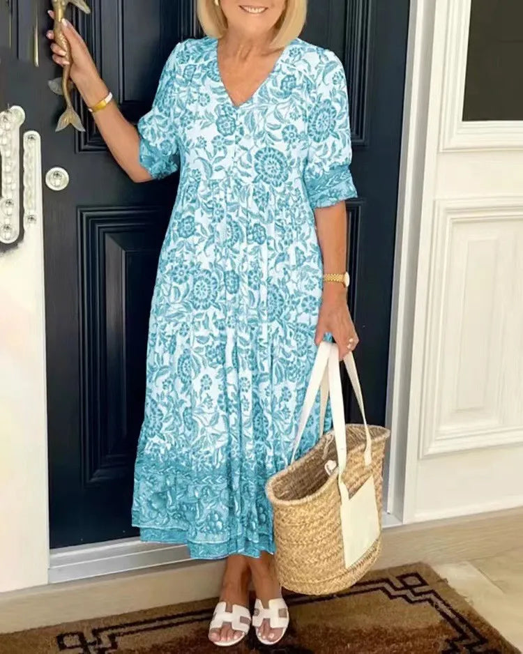 Summer Casual Floral Print Long Dress For Women V Neck Three-quarter Sleeve Elegant Party Dresses Female Boho Holiday Clothing