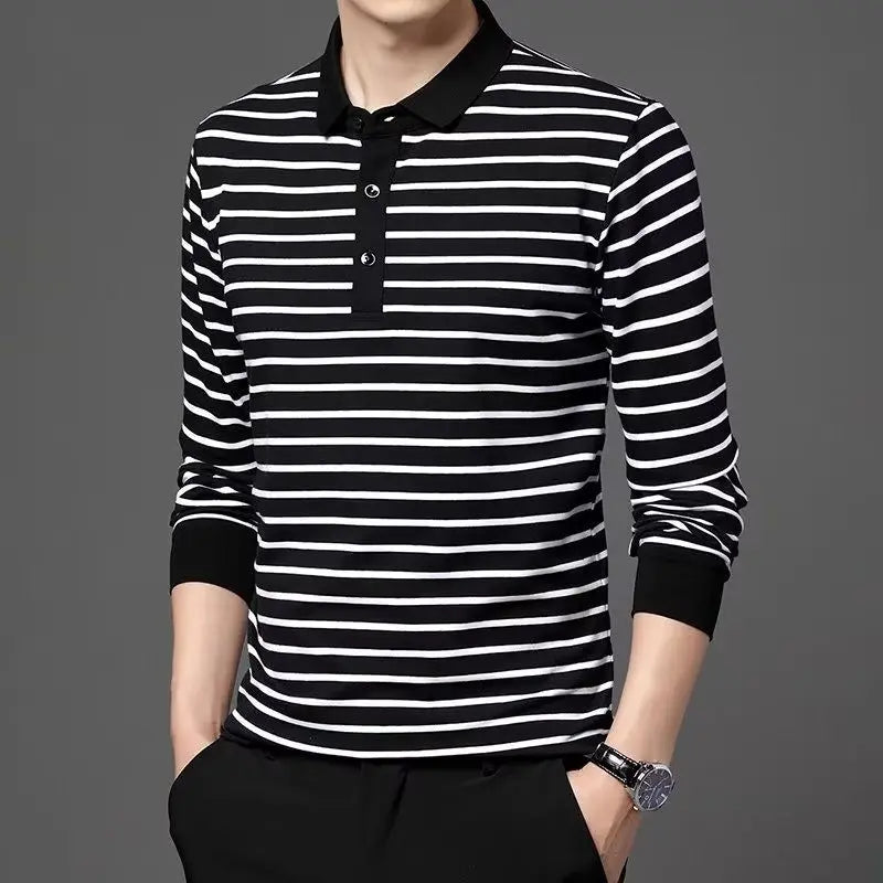 Fashion Men New Striped Polo Shirts Spring Autumn Long Sleeve Lapel Cotton Tee Shirt Male Clothes Casual Business T-Shirt 2022
