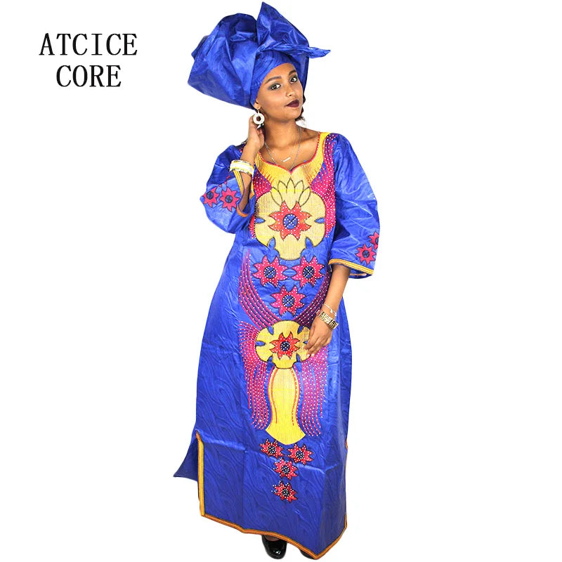 African Dresses For Woman Bazin Riche Embroidery Desing Long Dress With Scarf 2 Piece Set