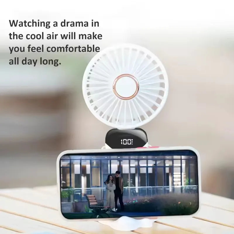 USB Rechargeable Handheld Mini Fan Foldable Portable Fan 5 Speed Levels LED Display Dual Battery 360° Adjustable Home Travel Use