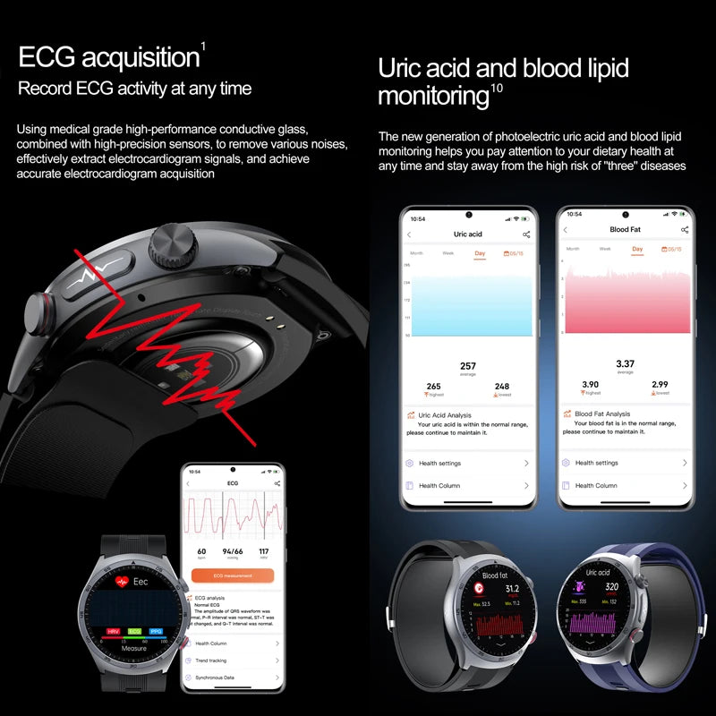 Non-invasive Health Monitor air pump+Airbag type true blood Smart Watch measurement Blood Fat Uric Acid ECG Smart watch 2025 NEW