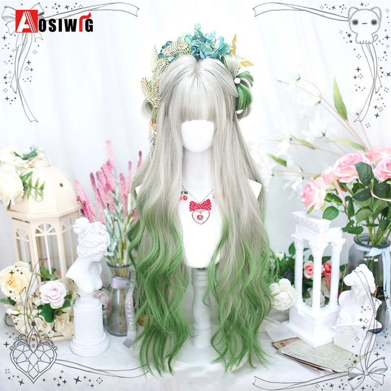 33Inch Synthetic Big wave long curly hair Milk Tea Green Lolita Wigs For Women Cosplay Wig With Bangs Halloween Daily Cosplay Us