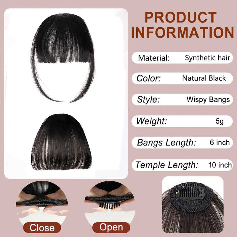 Clip In Bangs Brown Fake Bangs Extensions Wispy Clip on Air Bangs for Women Fringe with Temples Hairpieces Curved Bangs