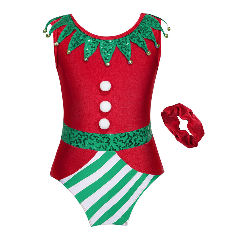 Girl Christmas Gymnastic Leotards with Headband Outfit Sleeveless Ballet Dance Bodysuit Xmas Elf Costume Xmas Athletic Dancewear