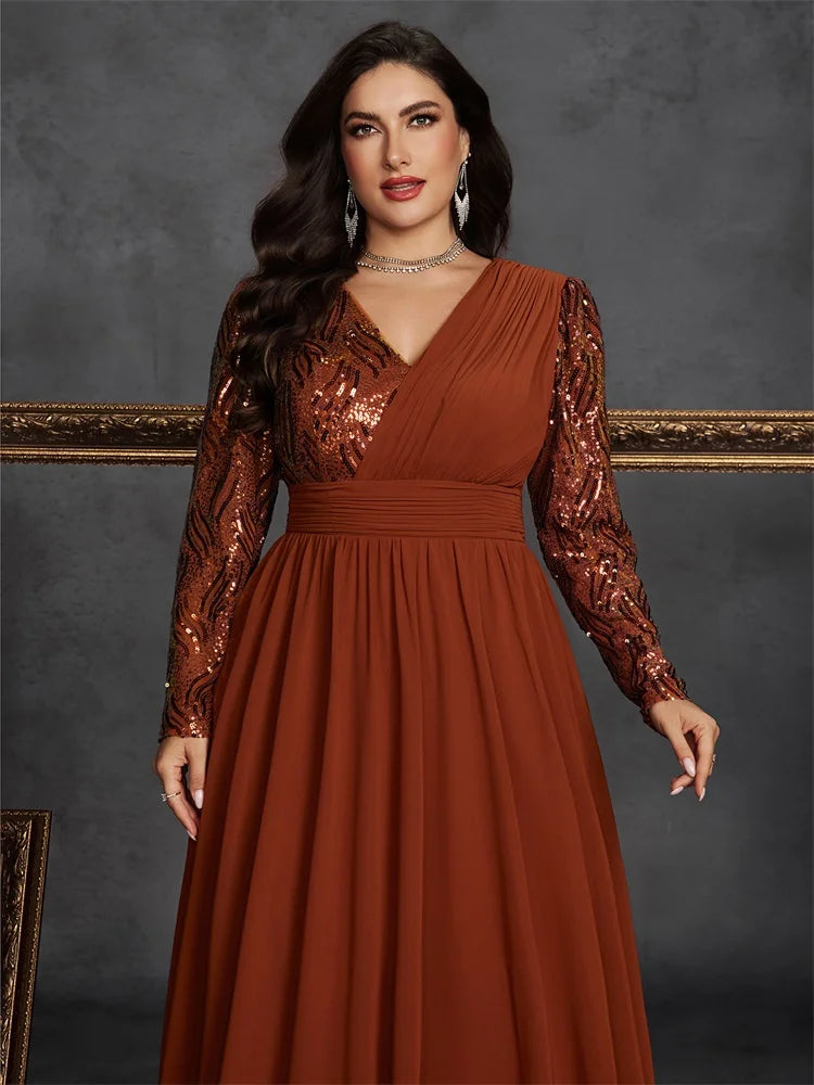 Lucyinlove Plus Size Luxury Chiffon Splicing Long Sleeve Evening Dresses Women Sequins Wedding Party Cocktail Floor Lenght Gowns