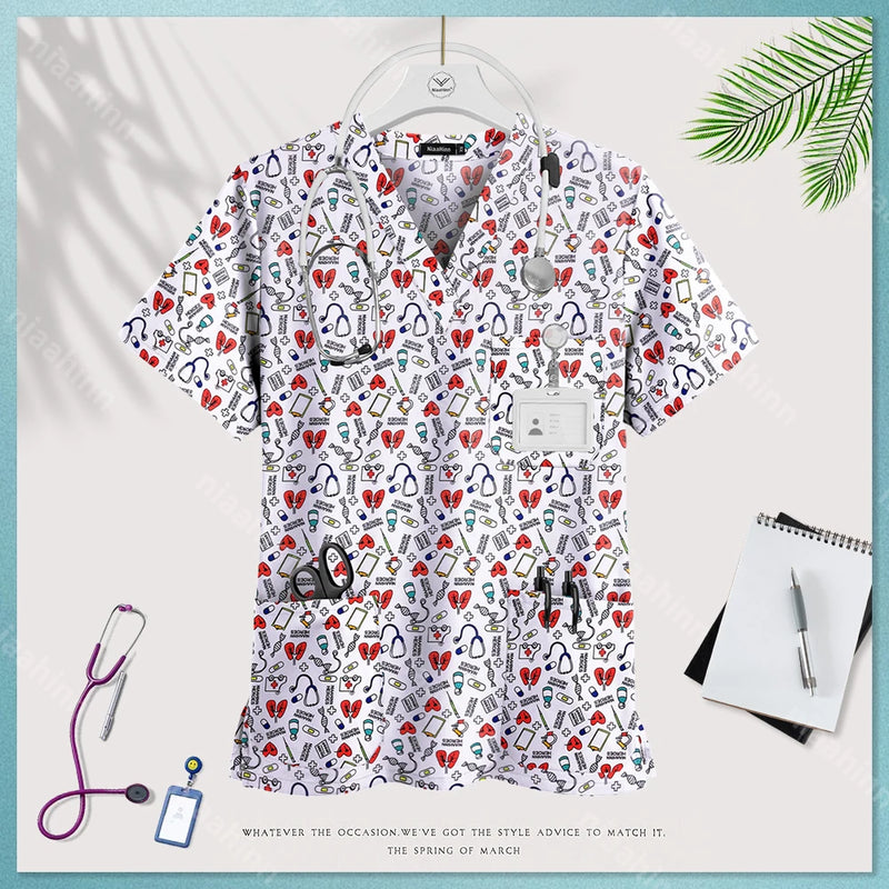 Medical Uniform Tops for Women Medical Print V-Neck Clinical Uniform T-shirts Short Sleeved Pocket Tops Surgical Uniforms Woman