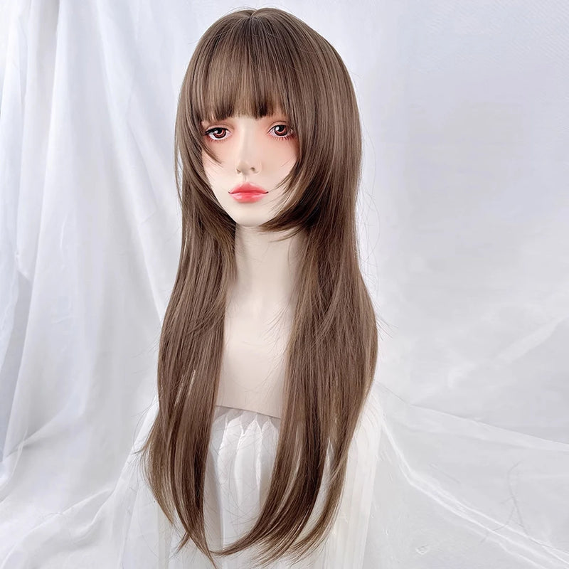 Long Straight Synthetic Brown Jellyfish Head Wig with Bangs Fluffy Lolita Cosplay Wig for Daily Party