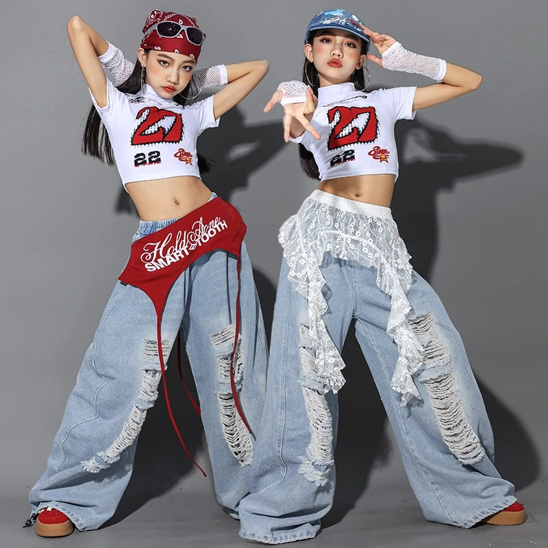 Children Jazz Dance Clothing Girls Kpop Outfit White Crop Top Denim Baggy Pants Fashion Hip Hop Costume Street Dance Wear 2485