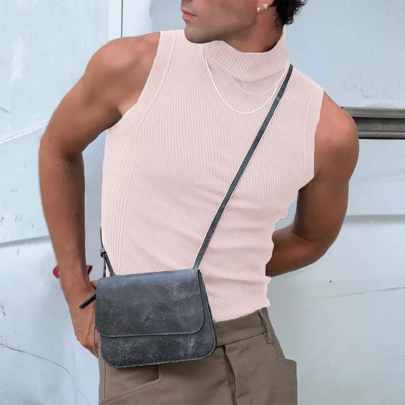 Spring and summer men's T-shirt solid color fashionable sleeveless bottoming shirt fashionable men's sexy tight turtleneck vest