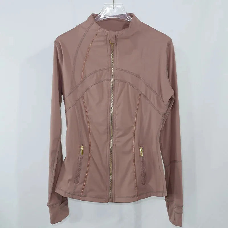 Jaqueta de ioga feminina com zíper dourado |     Cardigan Slim Fit com gola alta |     Bainha antiderrapante e furos para polegares |     Ela alta de secagem rápida