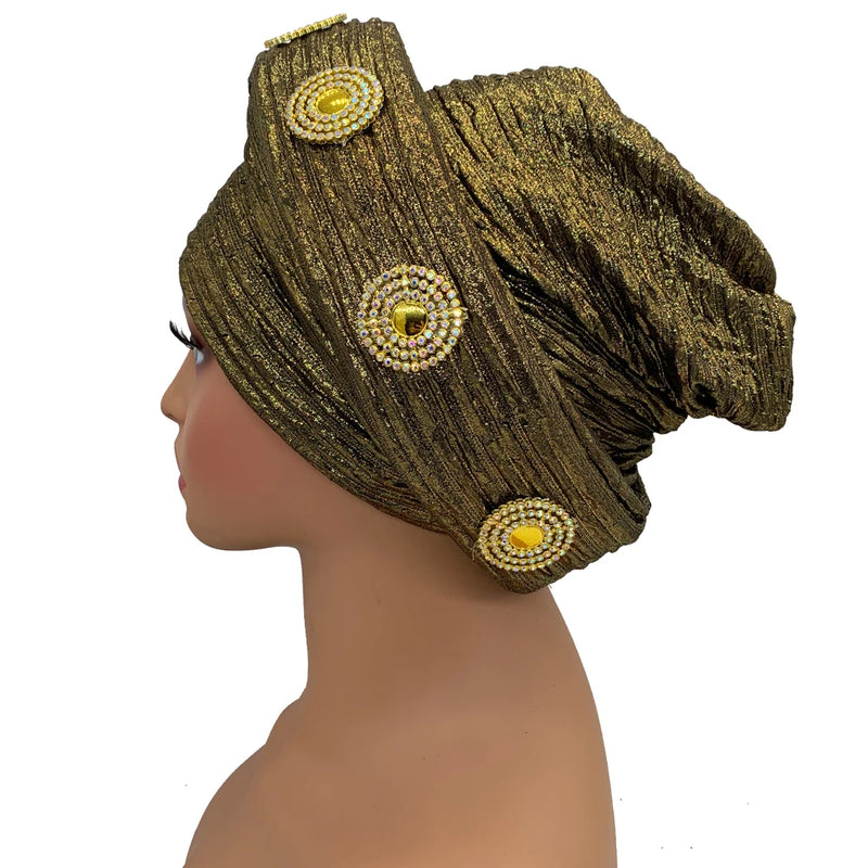 Already Made African Headtie Glitter Diamonds Women's Turban Cap Female Head Wraps Nigeria Wedding Auto Geles Party Headwear Hat