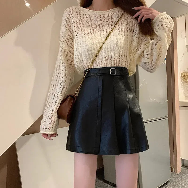 2025 New Faux Leather Skirt Women Korean Solid PU Black/White High Waist Skirt Woman