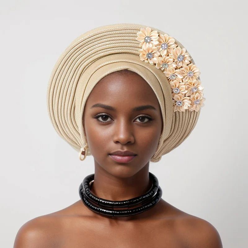 Vermelho Multi-Layered chapéu de turbante, Africano Fan Shaped cabeça Wraps, Headwear plissado com Cristal, Nigéria Headtie, Auto Gele, Casamento