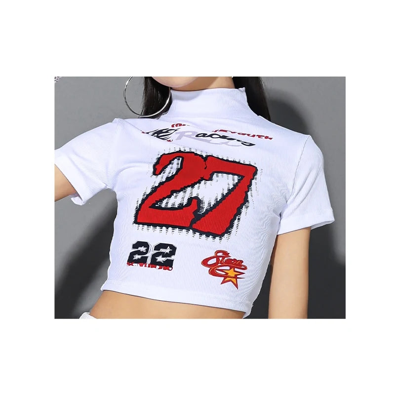Children Jazz Dance Clothing Girls Kpop Outfit White Crop Top Denim Baggy Pants Fashion Hip Hop Costume Street Dance Wear 2485