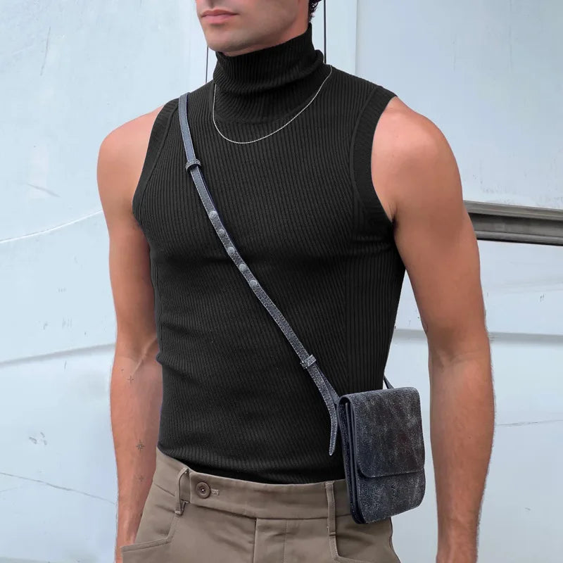 Spring and summer men's T-shirt solid color fashionable sleeveless bottoming shirt fashionable men's sexy tight turtleneck vest