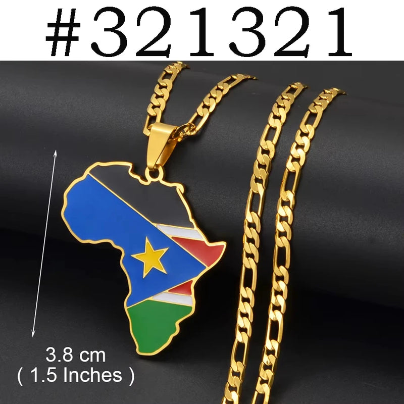 Anniyo 3.8CM Hip-hop South Sudan/Côte d'Ivoire/South Africa Map Flag and Africa Pendant Necklaces for Women Men Jewelry