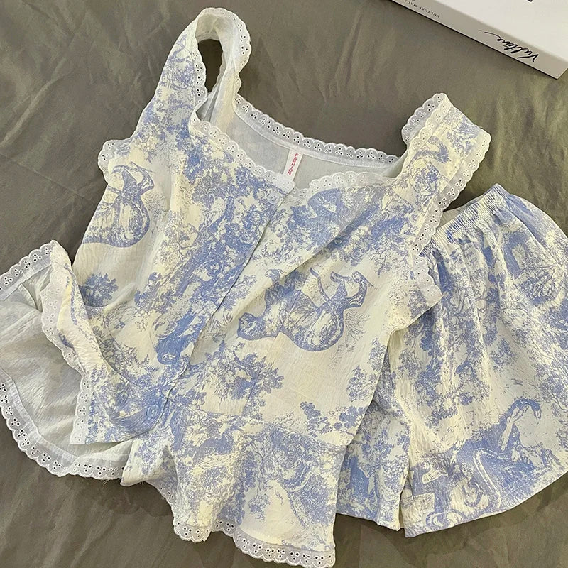 Summer Svel Women's Spwear Set Home Clothes Small Lace Trim Top And orts Outfit Lightweight Cloud Cotton Nightgown