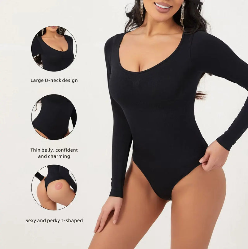 Seamless Open Crotch Big U Neck Bodysuit Long Sleeve Spandex Elastic Shapewear Tummy Control Waist Shapers for Women