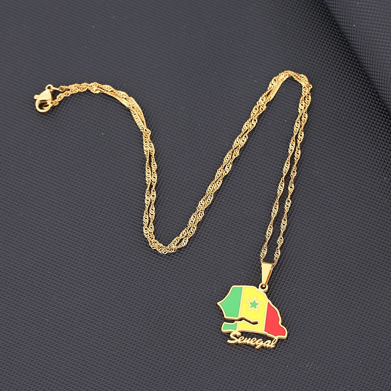 African Sénégal Map Flag Pendant Necklace Stainless Steel Men Women Senegal Maps Jewelry Gift