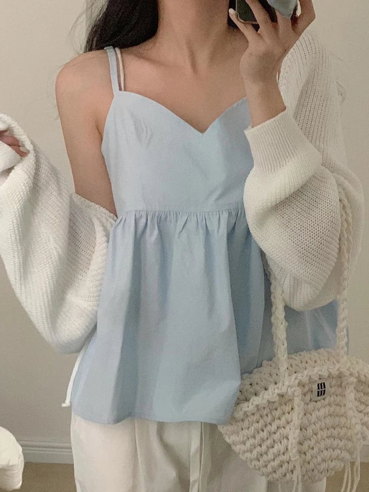 Chic V-Ne Women's Vest 2024 New Summer Inner Wear Folded Strap Top Age-Defng Beautiful ort Pure Color Commute Sle