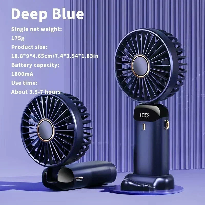 USB Rechargeable Handheld Mini Fan Foldable Portable Fan 5 Speed Levels LED Display Dual Battery 360° Adjustable Home Travel Use