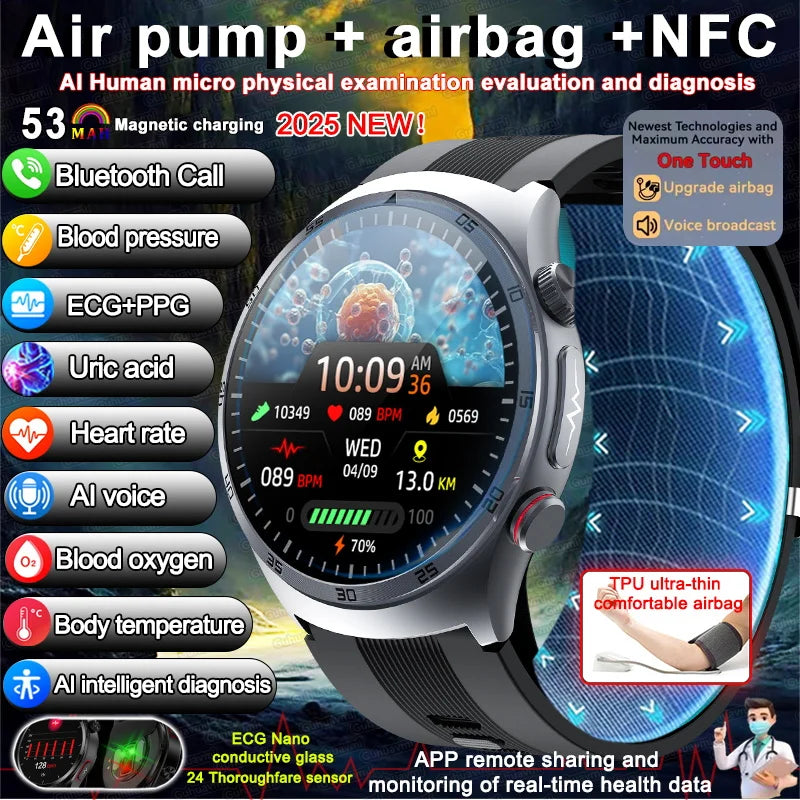 Non-invasive Health Monitor air pump+Airbag type true blood Smart Watch measurement Blood Fat Uric Acid ECG Smart watch 2025 NEW