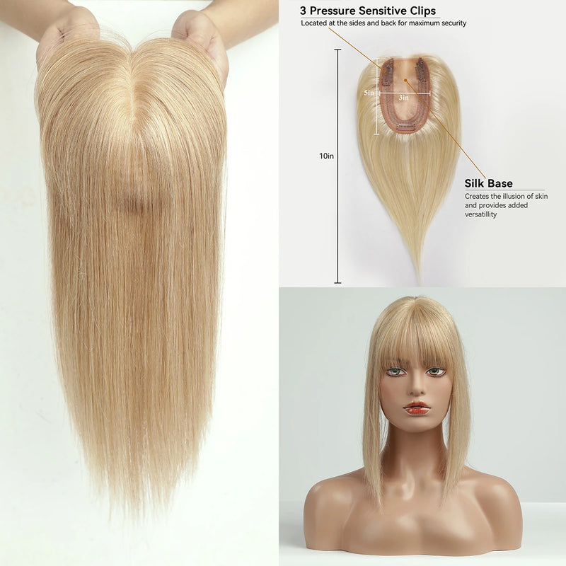 Toppers de cabelo loiro ombre para mulheres 100% remy cabelo humano topper com base de seda bang clipe em topper extensão de cabelo com cabelo fino
