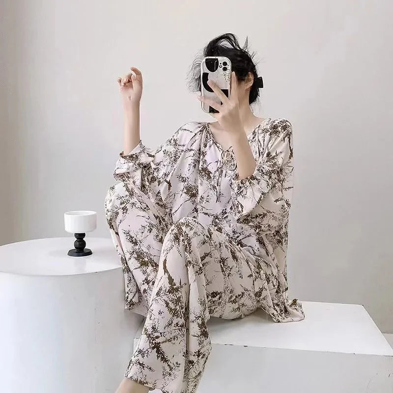 Spring Autumn Cotton Silk Sleepwear Women Loose Thin Home Clothes Set Large Size V-neck Comfortable Breathable Home Fashion