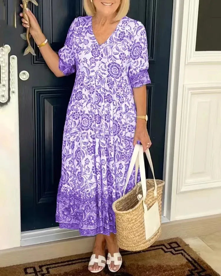 Summer Casual Floral Print Long Dress For Women V Neck Three-quarter Sleeve Elegant Party Dresses Female Boho Holiday Clothing