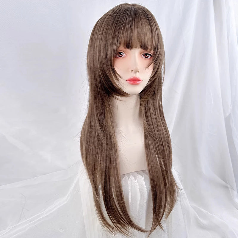 Long Straight Synthetic Brown Jellyfish Head Wig with Bangs Fluffy Lolita Cosplay Wig for Daily Party