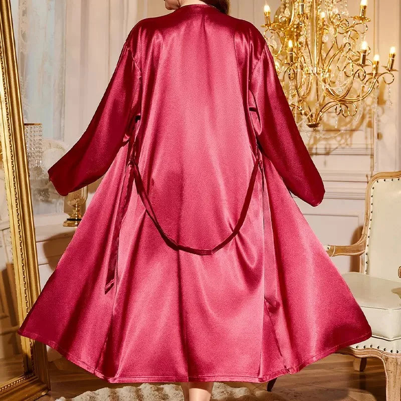 Sexy Minimalist Silk Sleepwear Set Two-Piece Set with Strap Outer Robe Casual Home Clothes Fashionable Simplicity