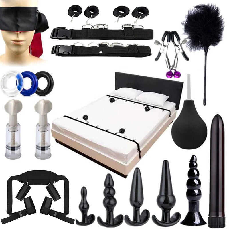 Conjunto bdsm de brinquedo, algemas sexuais para casal, kit adulto, algema sexual bdsm, venda, strapon, cama, bondage, escravo, sadomasochismo