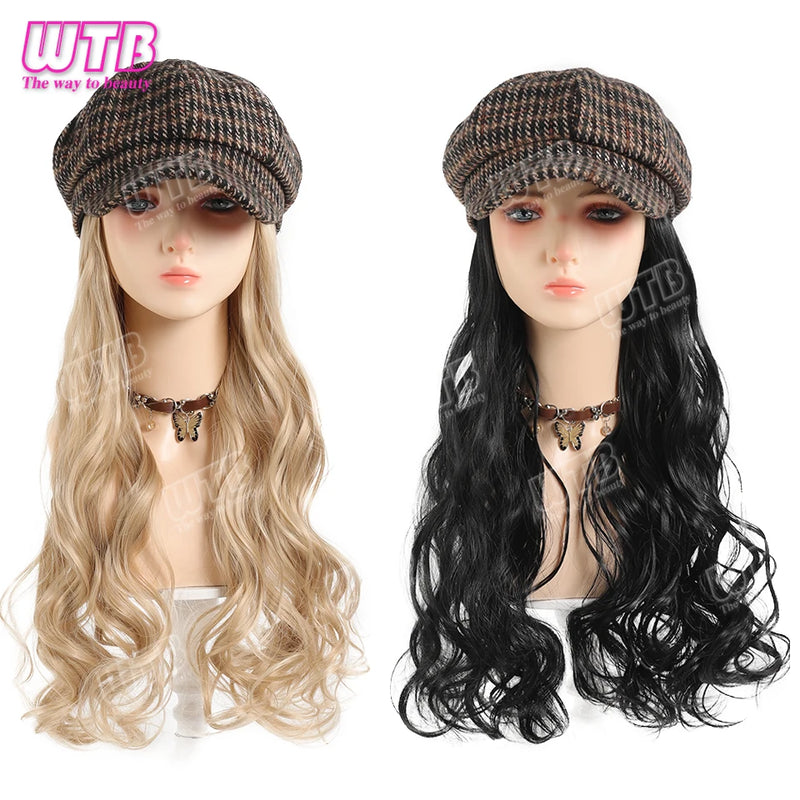 WTB Wavy Curly Hair Hat Wig Long Hair Black/Golden Beret Autumn Winter Hat Chemical Fiber Wig Hair Extensions Hair Accessories