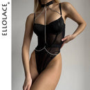 Ellolace body erótico com corrente halter fitness sexy pornô ver através de pelúcia perna alta corpo terno renda sissy quente sensual collants