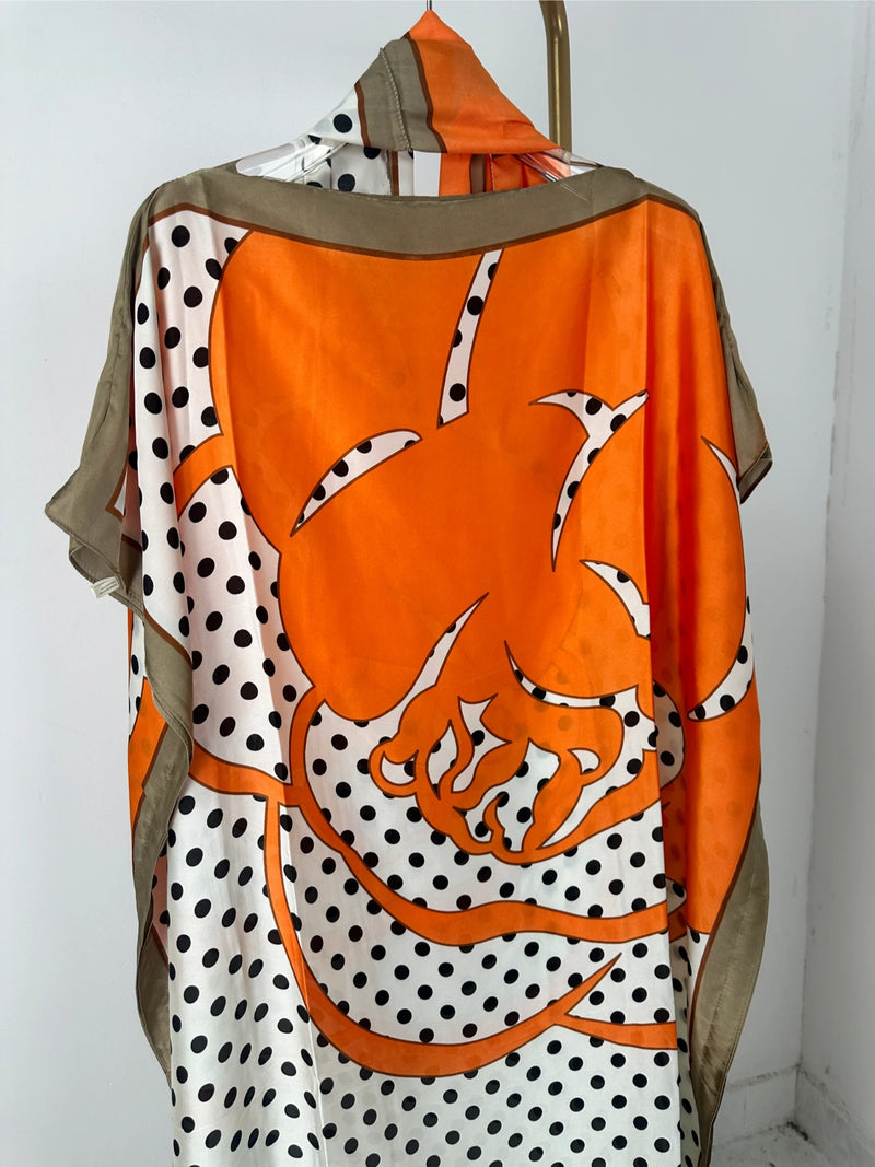 Round Necked Kaftan Dress, Fashionable Bat Sleeve Loose Fitting Dress with Scarf, Women's Clothing
