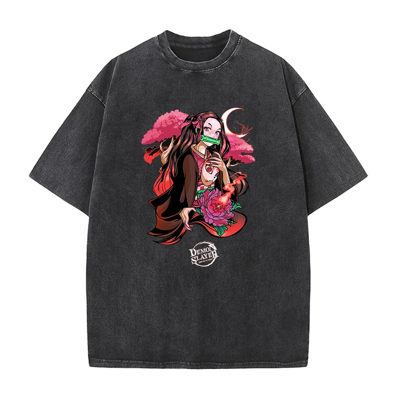 Anime Demon Slayer Agatsuma Zenitsu Graphic Print T Shirt Men Vintage Casual T-shirts Washed Cotton Tshirt Harajuku Male Tops
