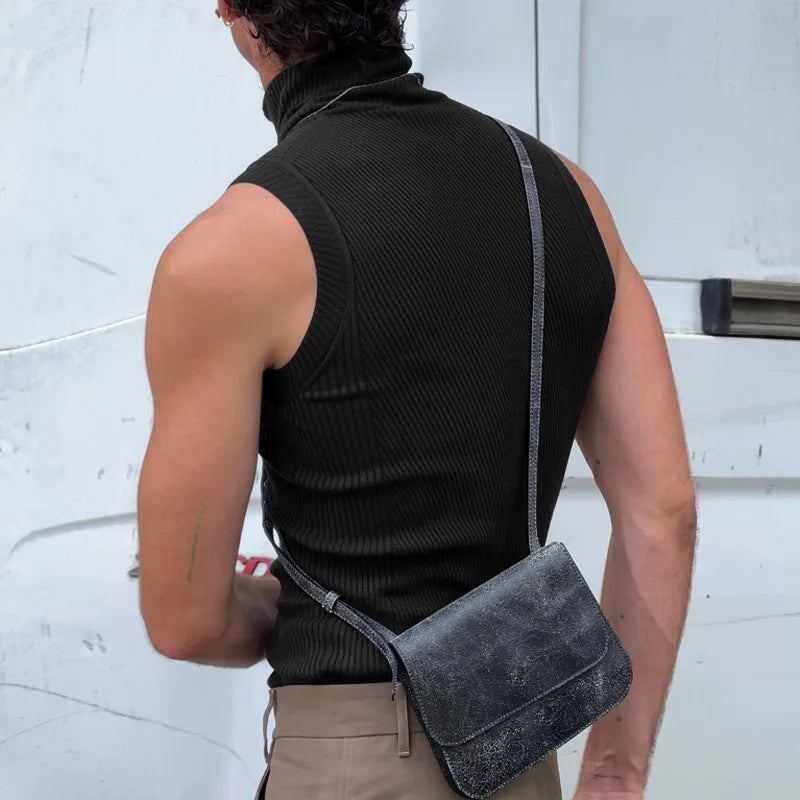Spring and summer men's T-shirt solid color fashionable sleeveless bottoming shirt fashionable men's sexy tight turtleneck vest