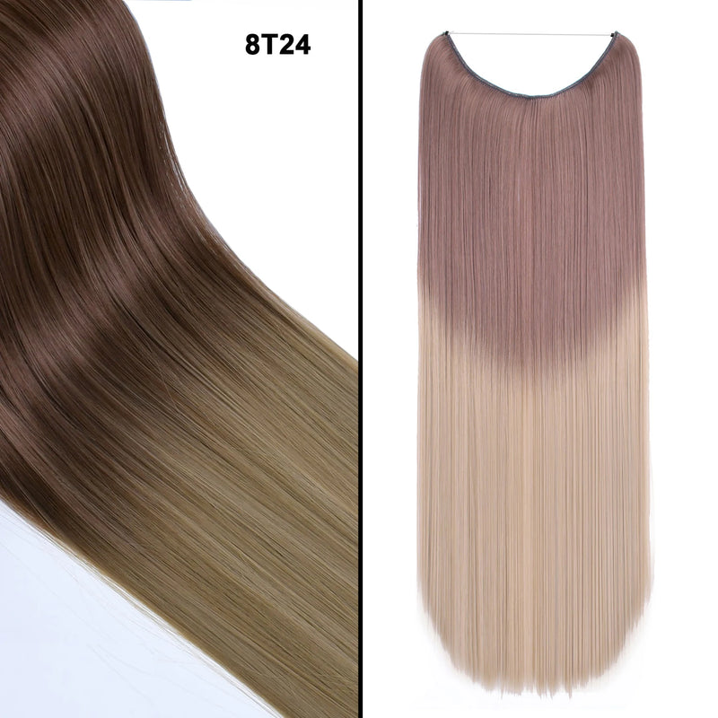 Jeedou One Piece Synthetic Hair Extension No Clips Whit Invisible Line Straight&Wavy Hair Hairpieces Brown Blue Ombre Color