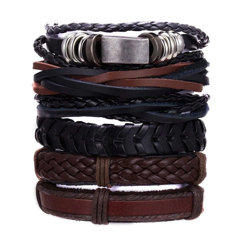 6Pcs/Set Fashion Multilayer Leather Rope Chain Bracelets For Men Women Punk Charm Metal Geometric Black Brown Bangles Jewelry