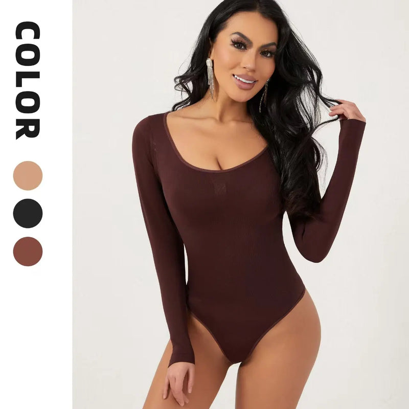 Seamless Open Crotch Big U Neck Bodysuit Long Sleeve Spandex Elastic Shapewear Tummy Control Waist Shapers for Women