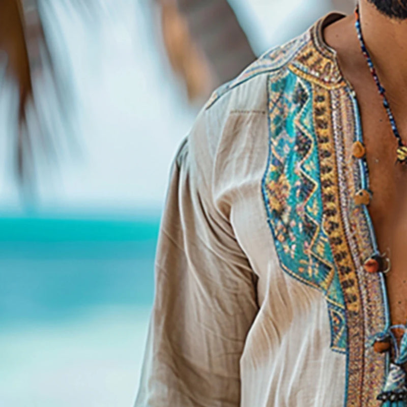 Ethnic Mens Linen Shirt Autumn Long Sleeve Male Clothing Fashion Streetwear V-Neck Print Men Blouse Tops Plus Size Causal Shirt