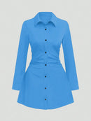 Plus size casual cintura fina manga longa camisa vestido cor pura elegante estilo viajante 2025 outono novo