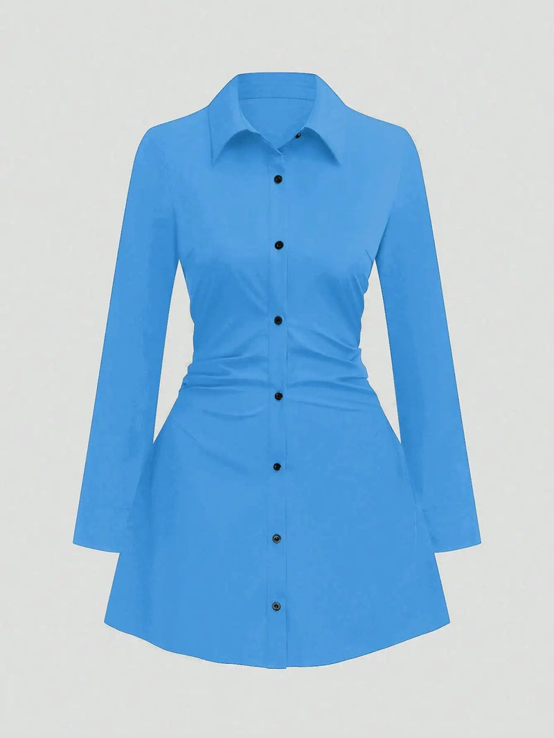 Plus size casual cintura fina manga longa camisa vestido cor pura elegante estilo viajante 2025 outono novo