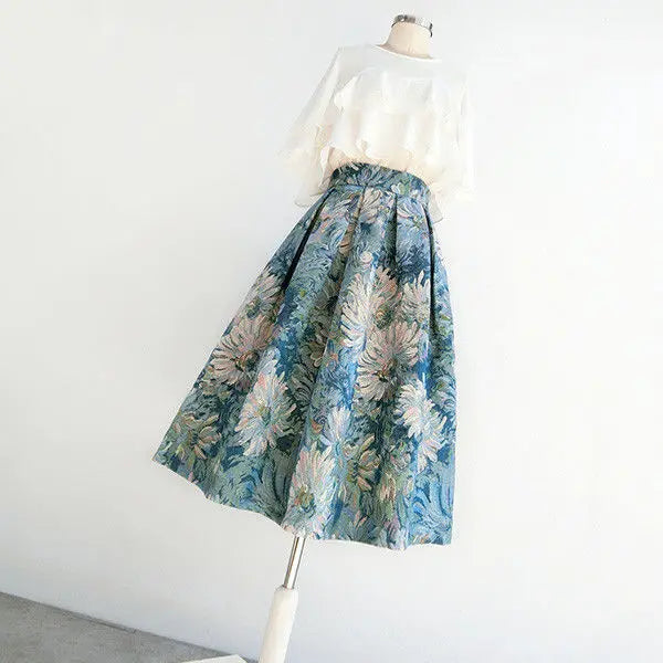 High-End Temperament Jacquard Hollow Out Elastic Waist Irregular Skirts 2023 Vintage All-match A-line Skirt Streetwear Long Skir