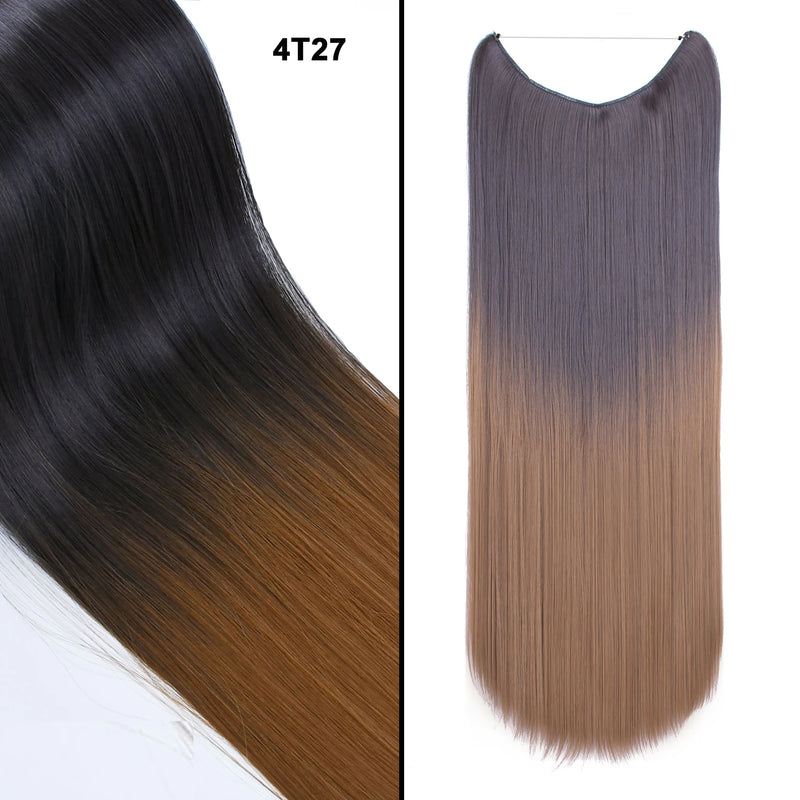 Jeedou One Piece Synthetic Hair Extension No Clips Whit Invisible Line Straight&Wavy Hair Hairpieces Brown Blue Ombre Color