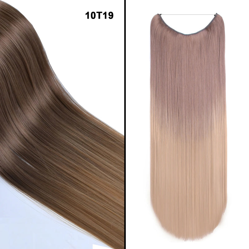 Jeedou One Piece Synthetic Hair Extension No Clips Whit Invisible Line Straight&Wavy Hair Hairpieces Brown Blue Ombre Color