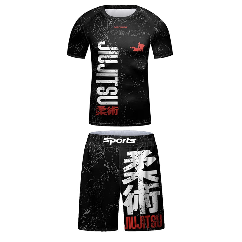 Nova criança jiu jitsu mma rashguard camiseta + calça + shorts 3d bjj gi kickboxing camisas apertadas meninos crianças muay thai boxe roupas esportivas