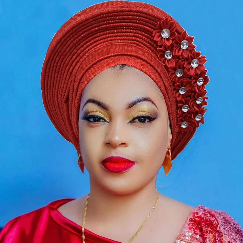 New African Headtie Turban Nigeria Head Ties with Flowers Already Made Auto Gele Women Head Wraps for Wedding Party
