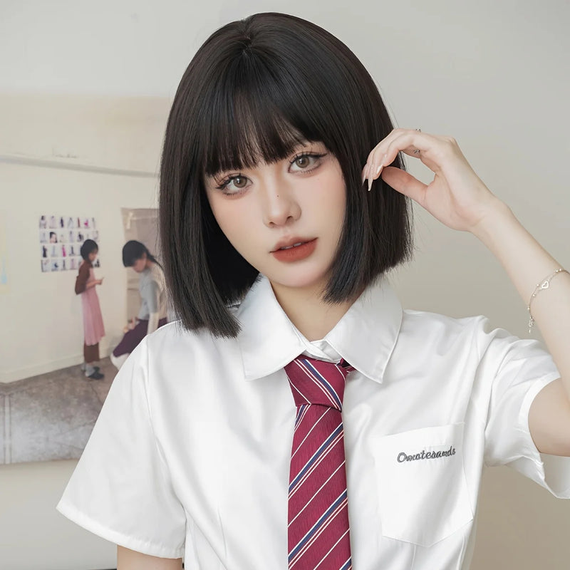 Routine Bob Wigs Short Straight Black Wig with Bangs High Density Synthetic Fluffy Bob Wigs for Women Girls Daily Use 12.59 Inch